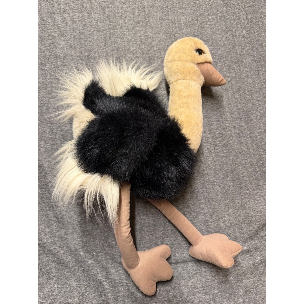 VTG Fluffy 28" Ostrich Plush Stuffed Animal Bird Black White Tan Long Eyelashes